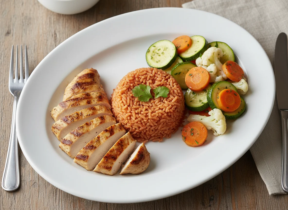 Plato combinado de pollo, arroz y vegetales photo