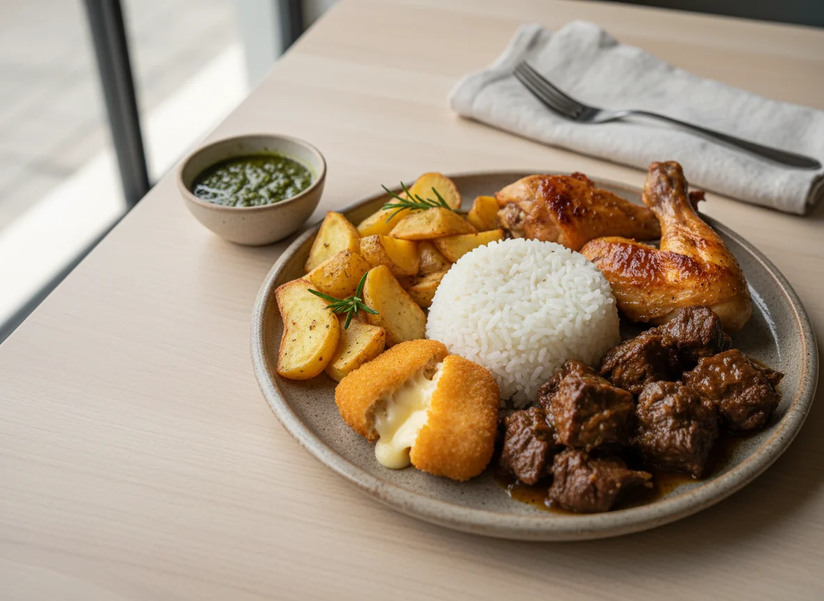 Plato combinado de pollo asado, ternera, patatas y arroz photo