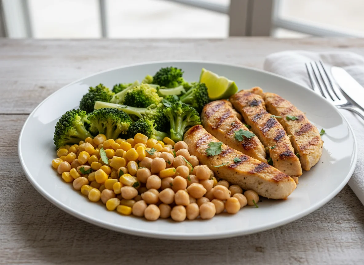 Plato combinado de pollo, brócoli, garbanzos y maíz photo