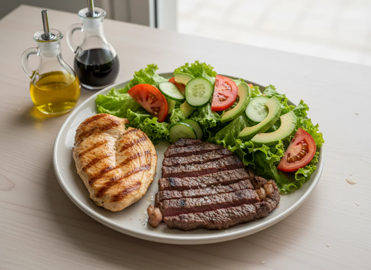 Plato combinado de pollo, carne y ensalada photo