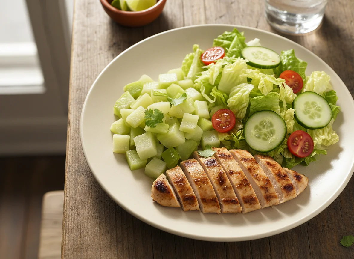 Plato combinado de pollo, chayote y ensalada photo