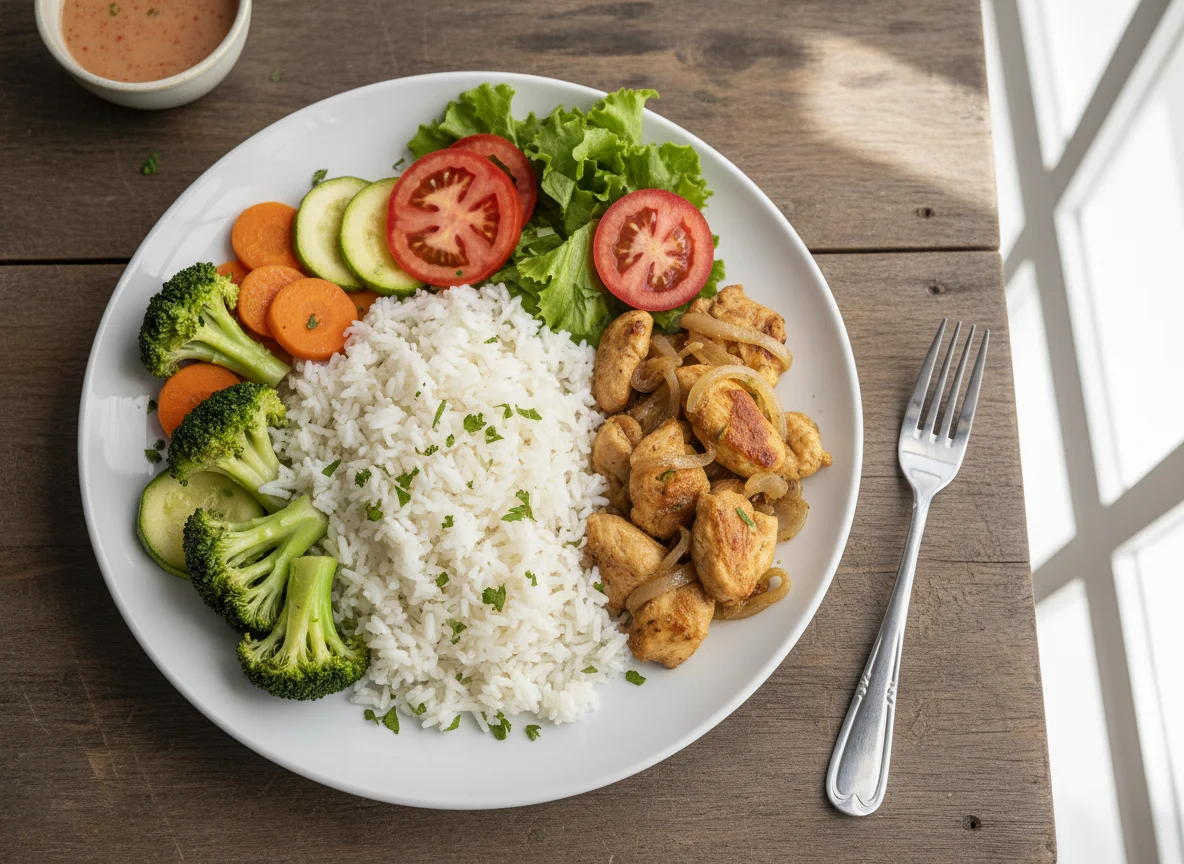 Plato combinado de pollo con arroz y vegetales photo