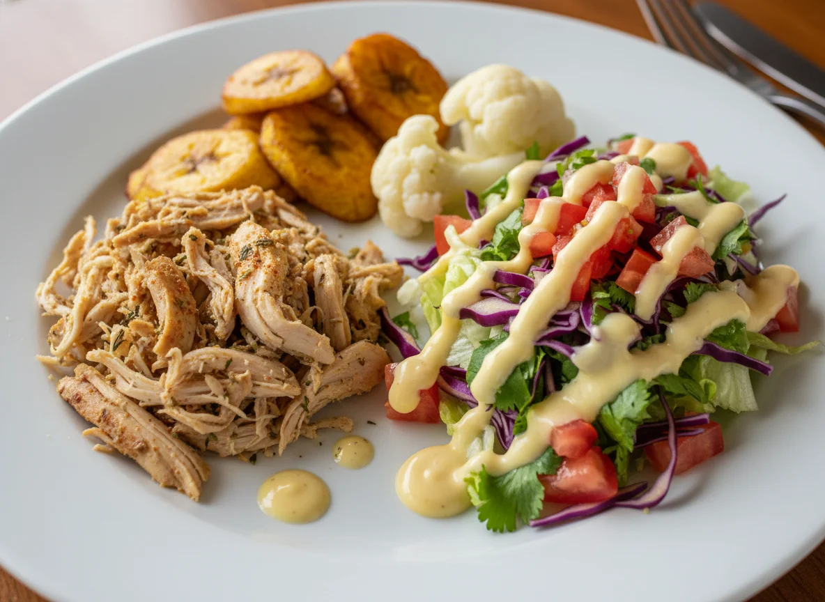 Plato combinado de pollo, ensalada y plátano frito photo