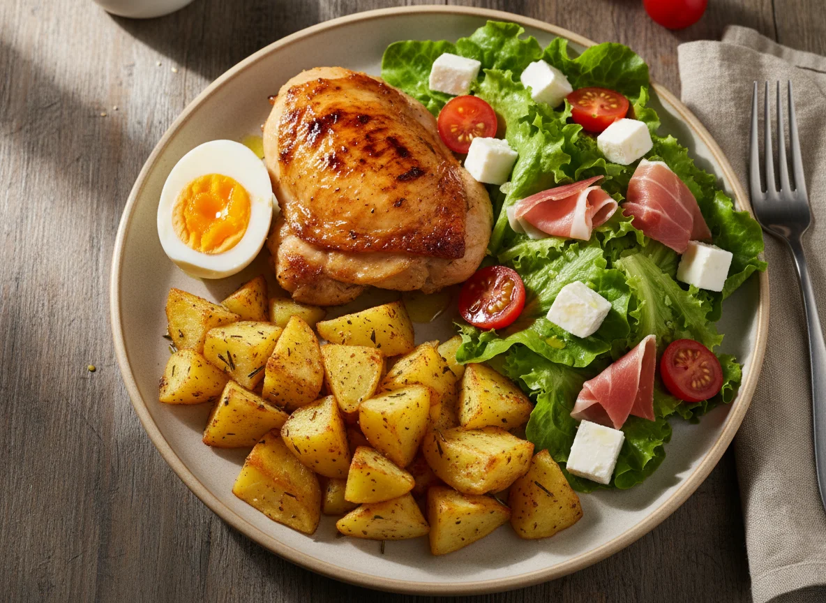 Plato combinado de pollo, huevos, patatas y ensalada photo