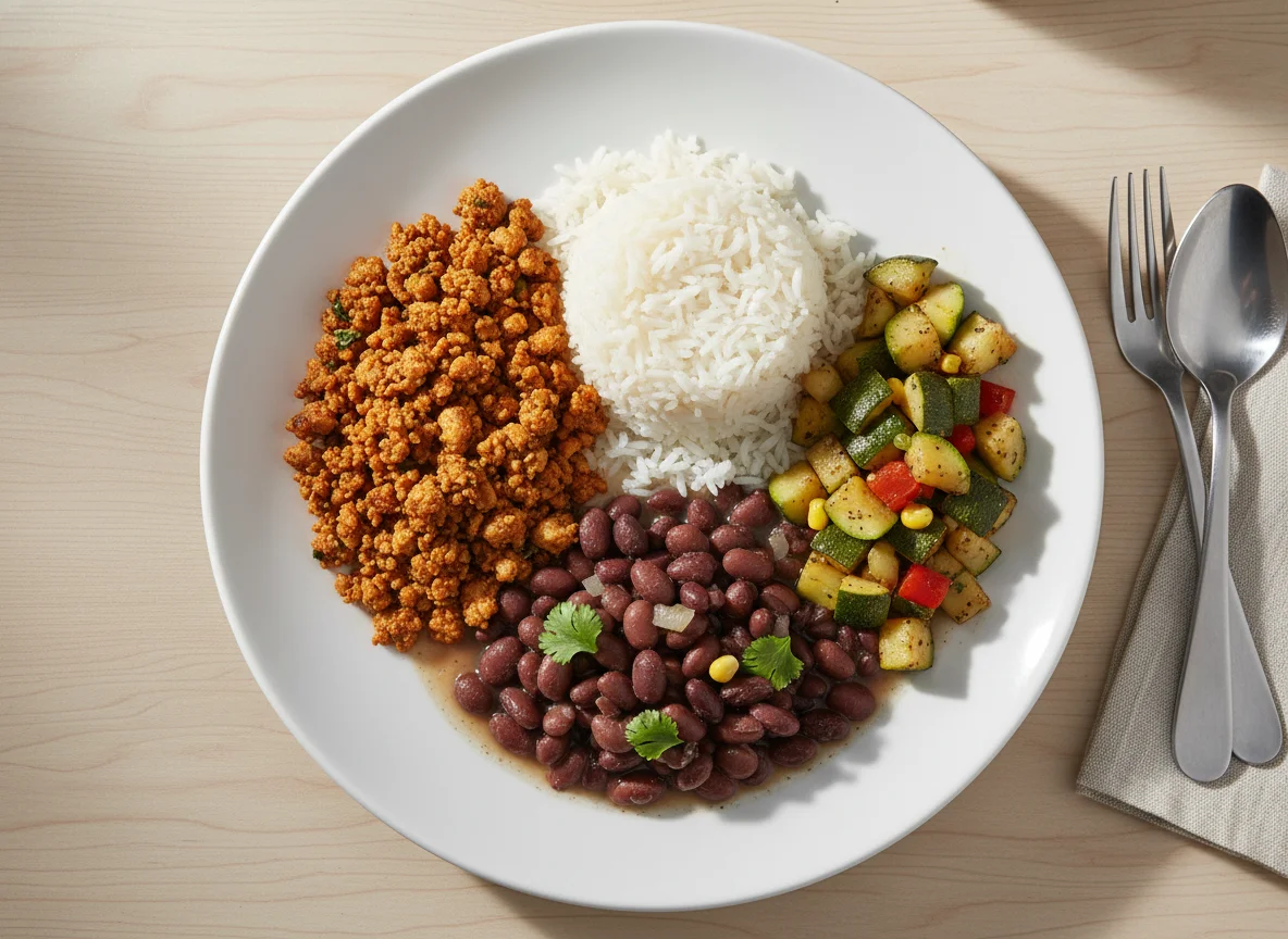 Plato combinado de pollo molido, arroz, frijoles y calabacitas photo