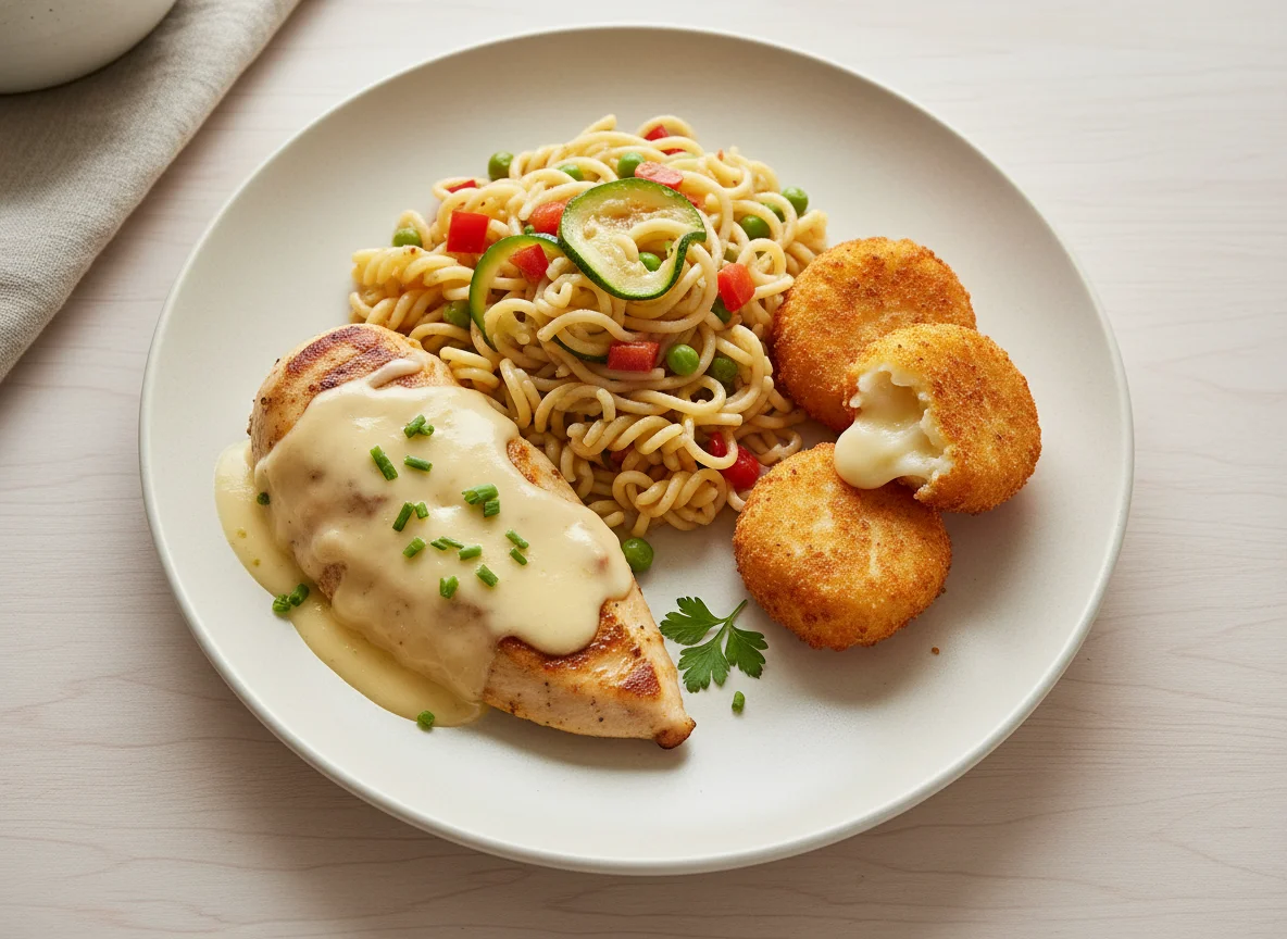 Plato combinado de pollo, pasta y croquetas photo