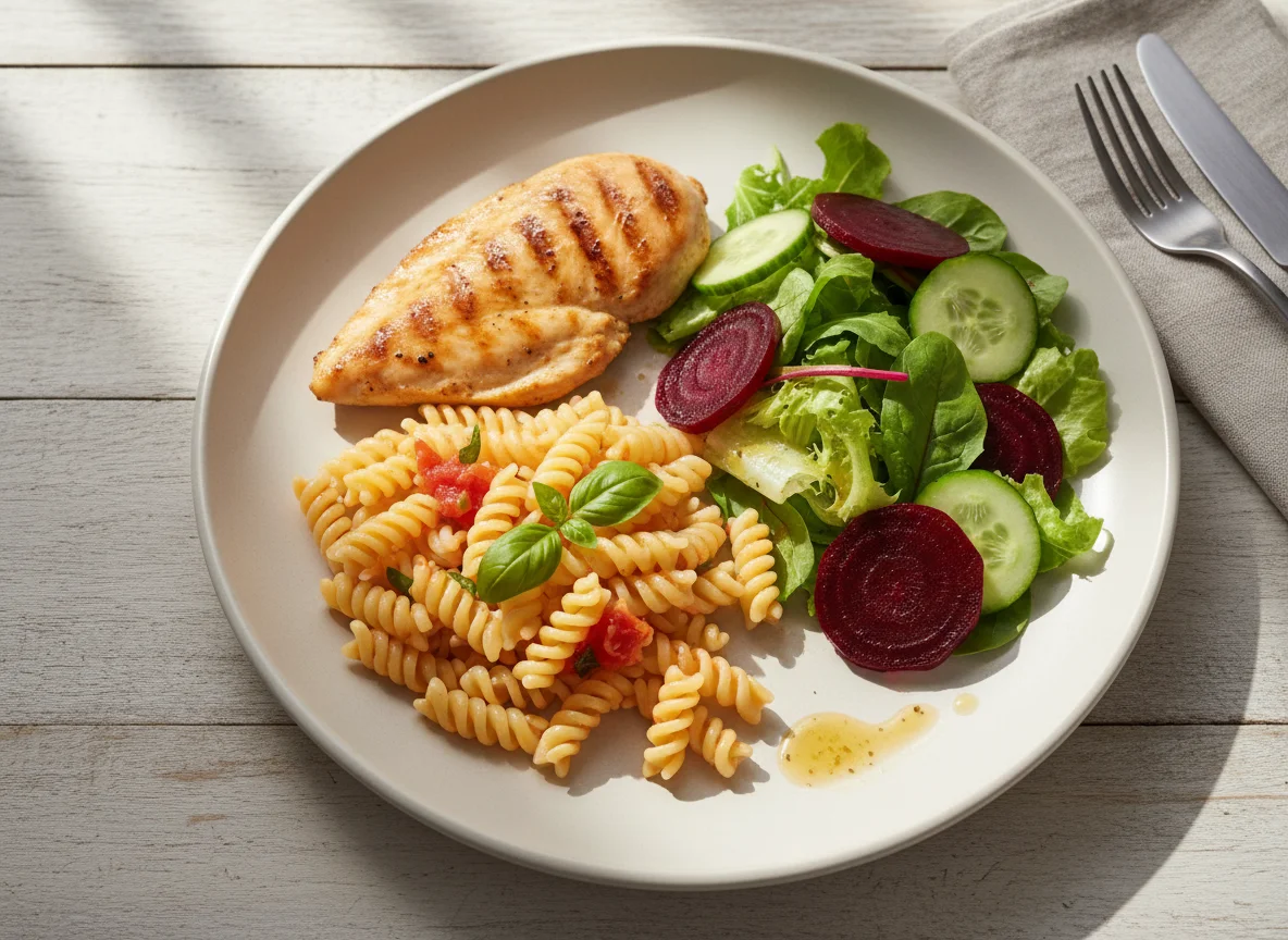 Plato combinado de pollo, pasta y ensalada photo