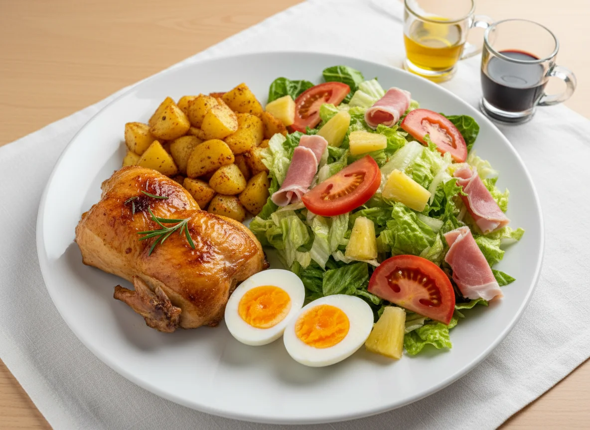 Plato combinado de pollo, patatas, huevos y ensalada photo