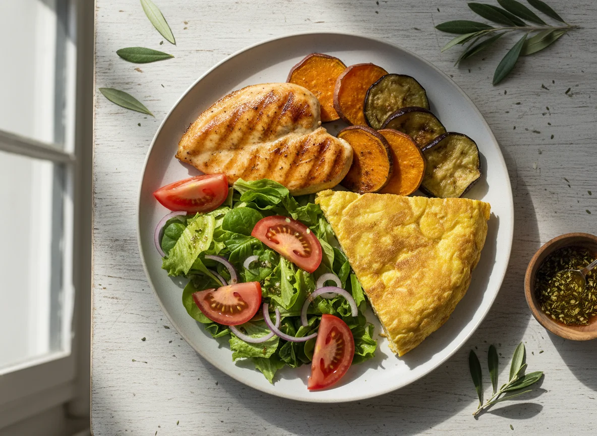 Plato combinado de pollo, tortilla, batata y ensalada photo