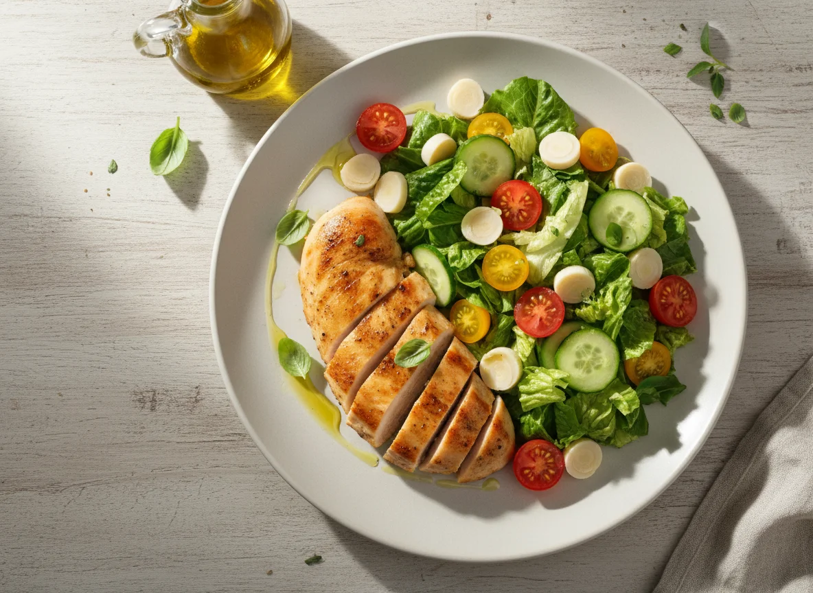 Plato combinado de pollo y ensalada photo
