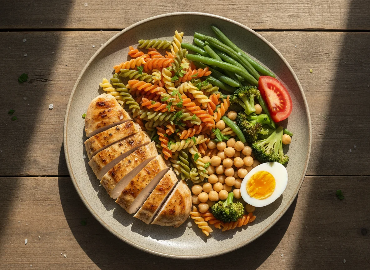 Plato combinado de pollo y pasta con verduras photo