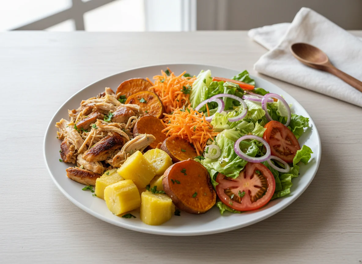 Plato combinado de pollo, yuca, boniato y ensalada photo