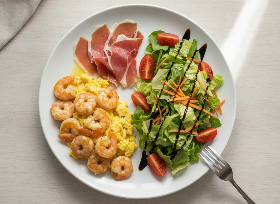 Plato combinado de revuelto de gambas, jamón serrano y ensalada photo