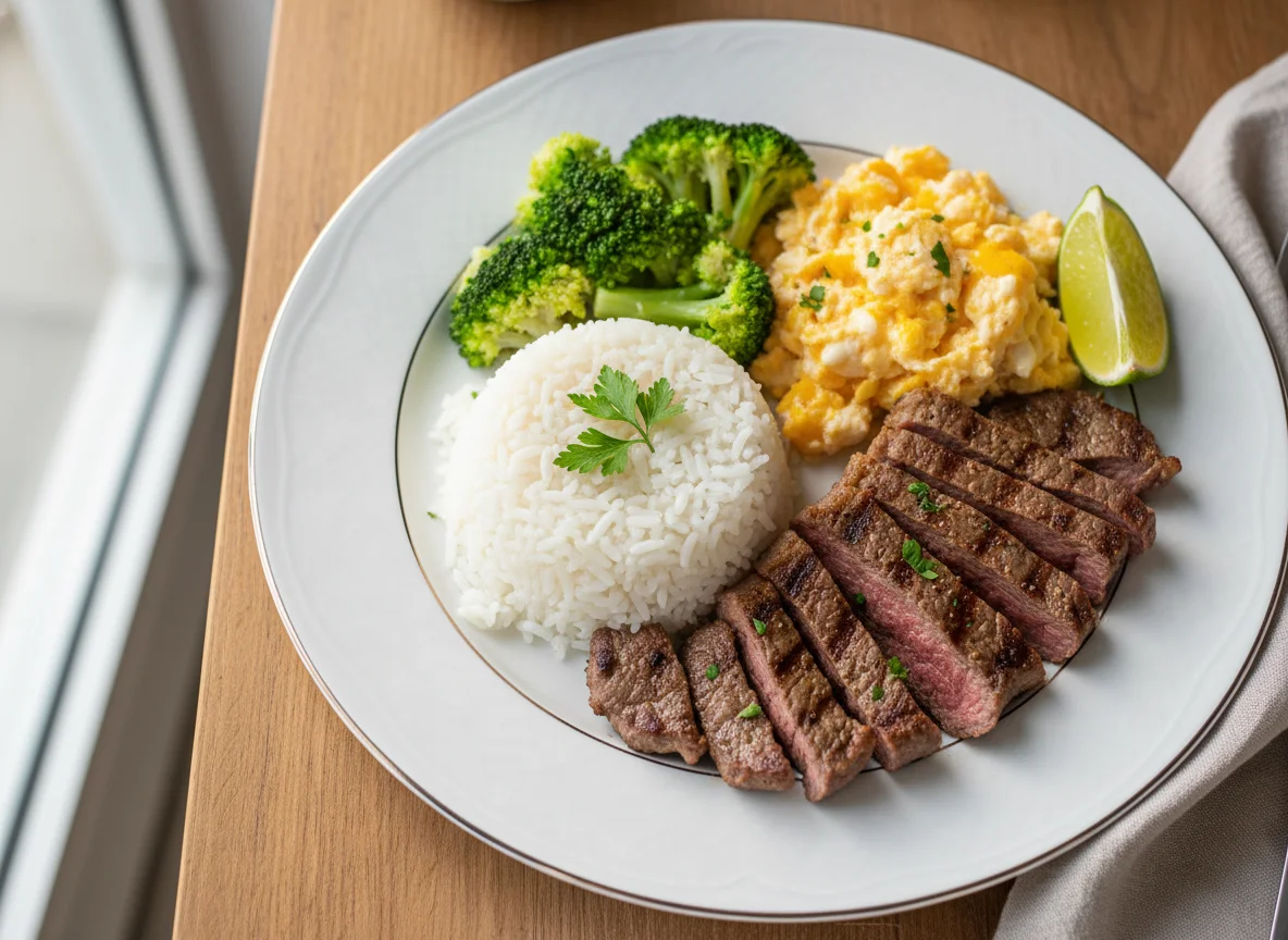 Plato combinado de ternera, arroz, brócoli y huevo revuelto photo