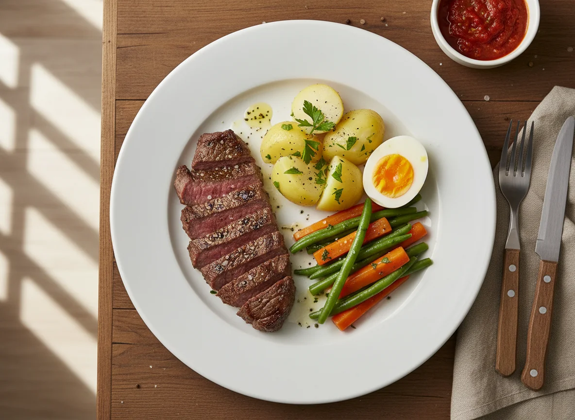 Plato combinado de ternera con verduras y huevo photo