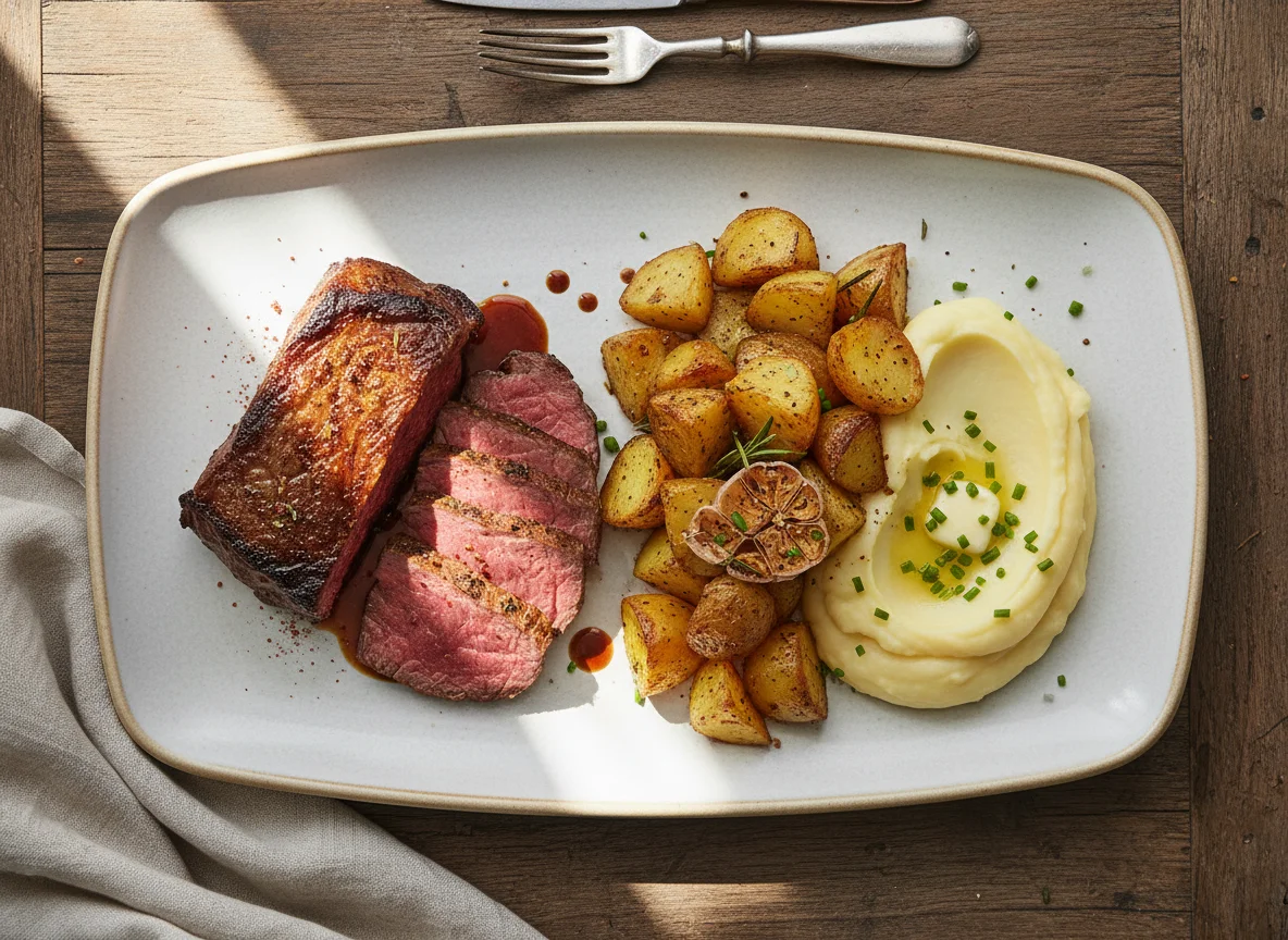 Plato combinado de ternera y patatas photo