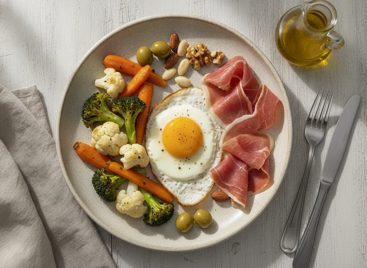 Plato combinado de verduras, jamón, huevo y frutos secos photo