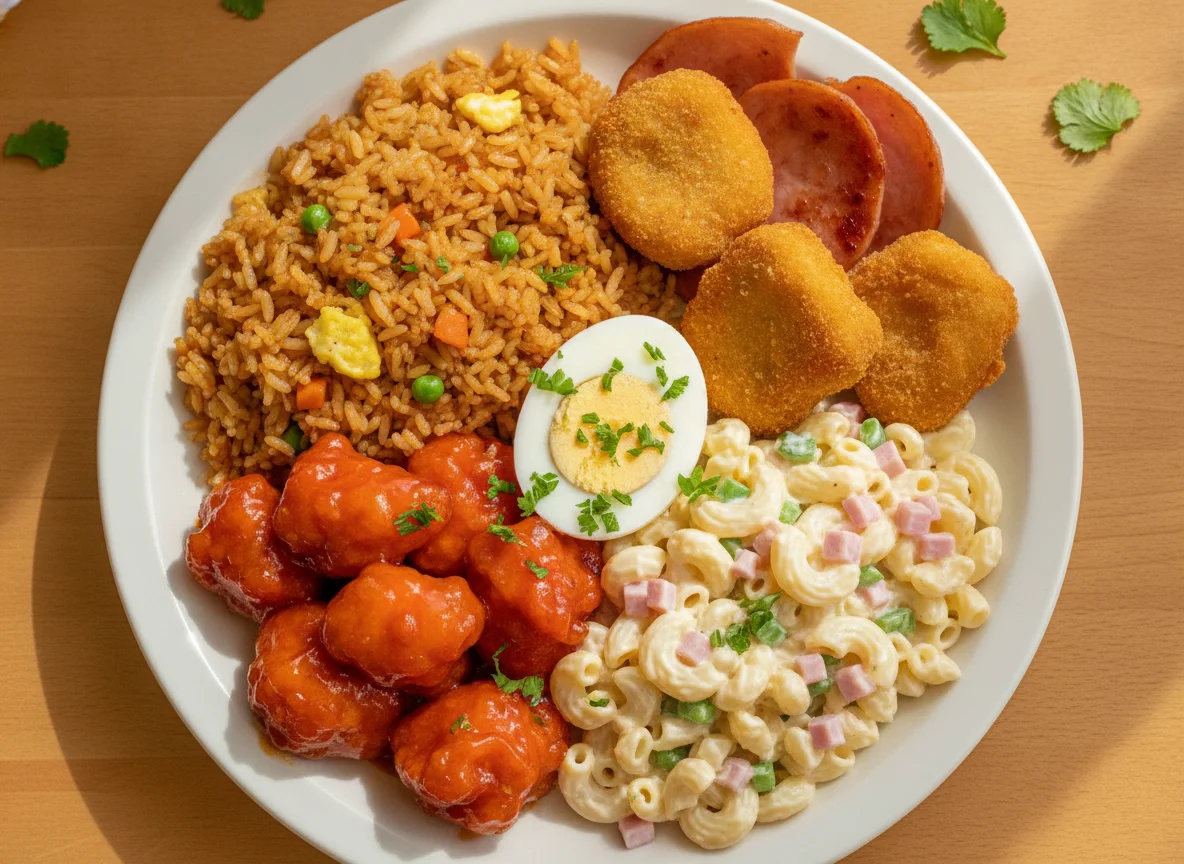 Plato combinado estilo chino con huevo y ensalada de coditos photo