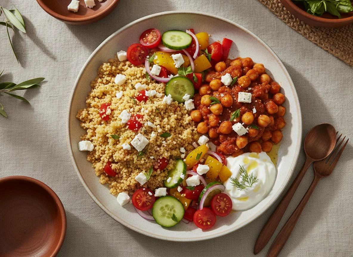 Plato combinado mediterráneo con cuscús, garbanzos y ensalada photo