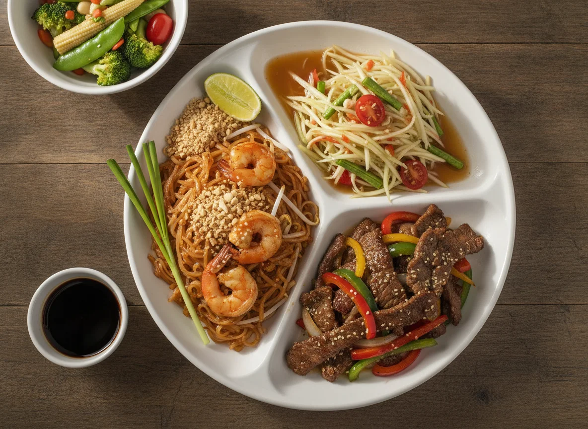 Plato combinado tailandés con Pad Thai, ternera salteada y ensalada de papaya photo