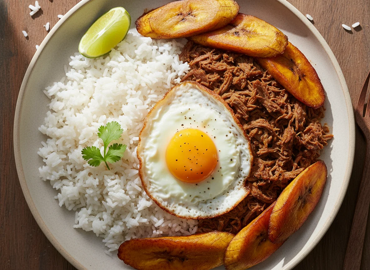 Plato con arroz, carne desmechada, huevo frito y plátano maduro photo