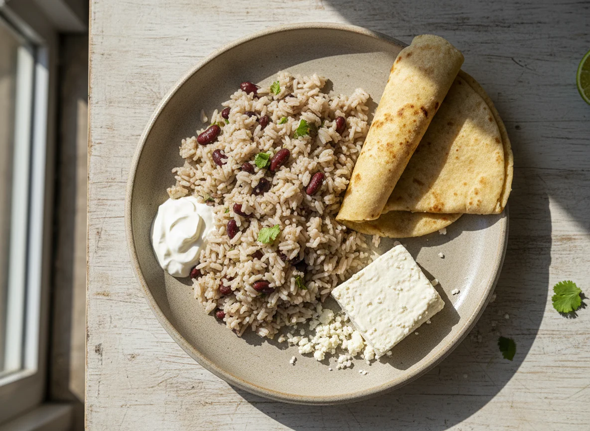 Plato con arroz y frijoles, tortilla y queso photo
