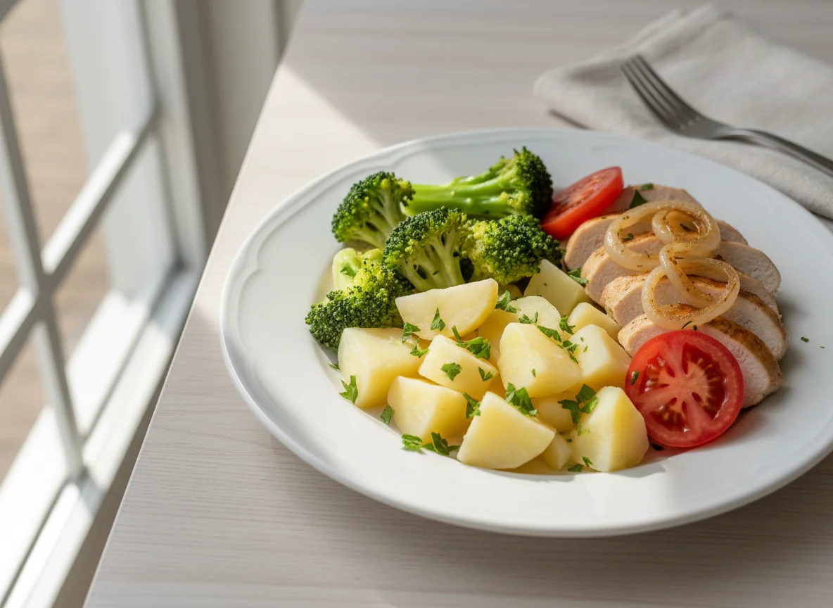 Plato con brócoli, papas y pollo con tomate photo
