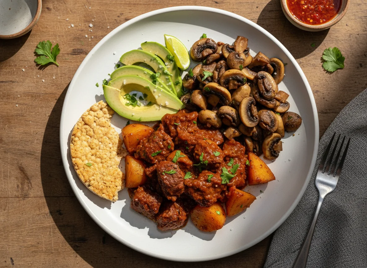 Plato con carne, champiñones y aguacate photo