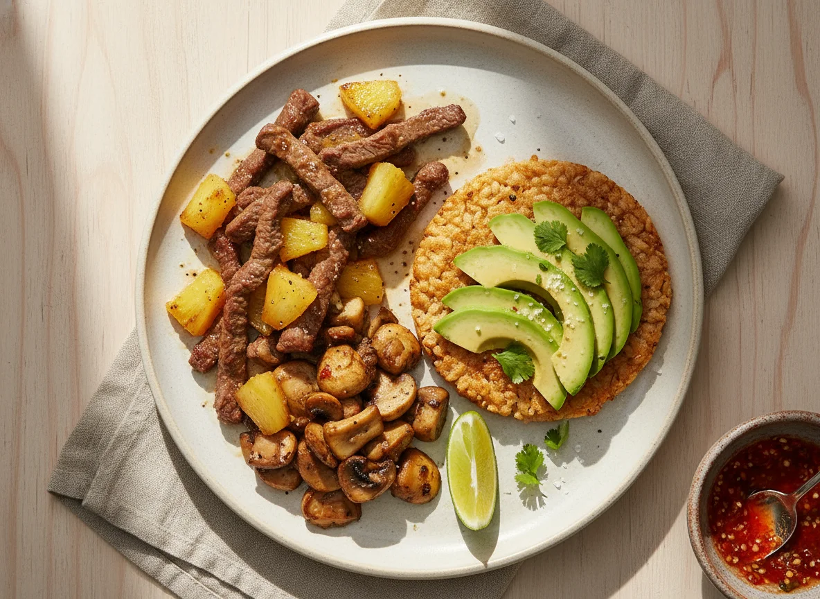 Plato con carne, champiñones y tostada de arroz con aguacate photo