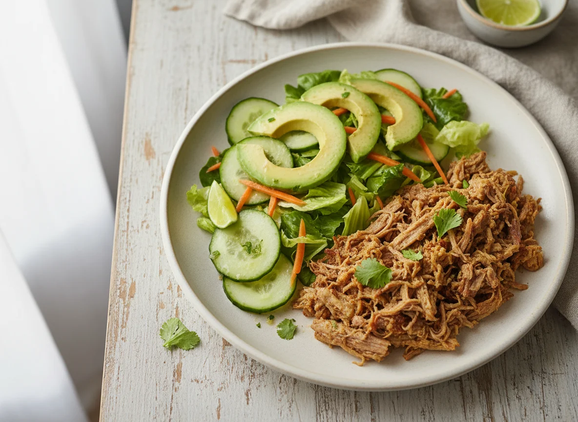 Plato con carne deshebrada y ensalada photo