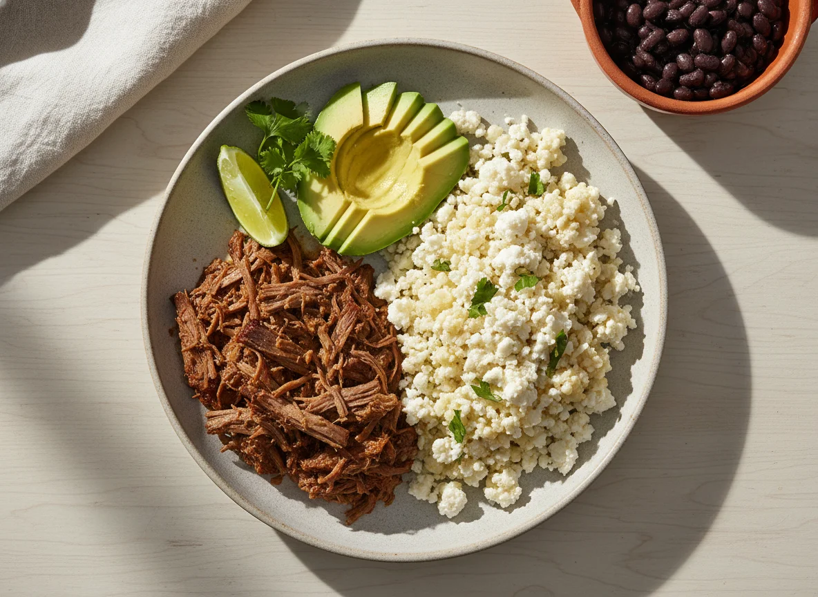 Plato con carne desmechada, aguacate y arroz de coliflor con queso cottage photo