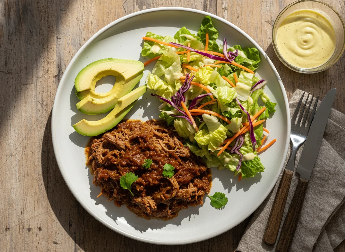 Plato con carne desmechada, aguacate y ensalada photo