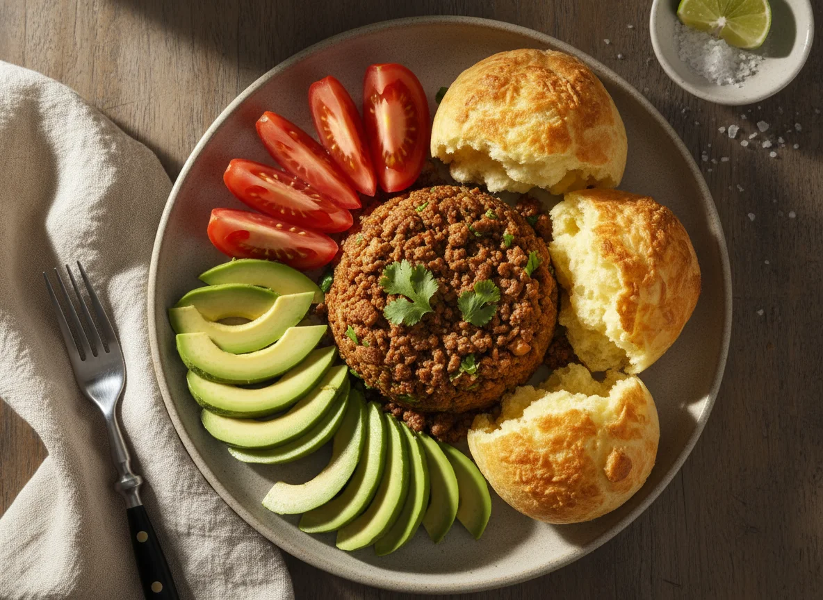 Plato con carne molida, aguacate, tomate y pan de queso photo