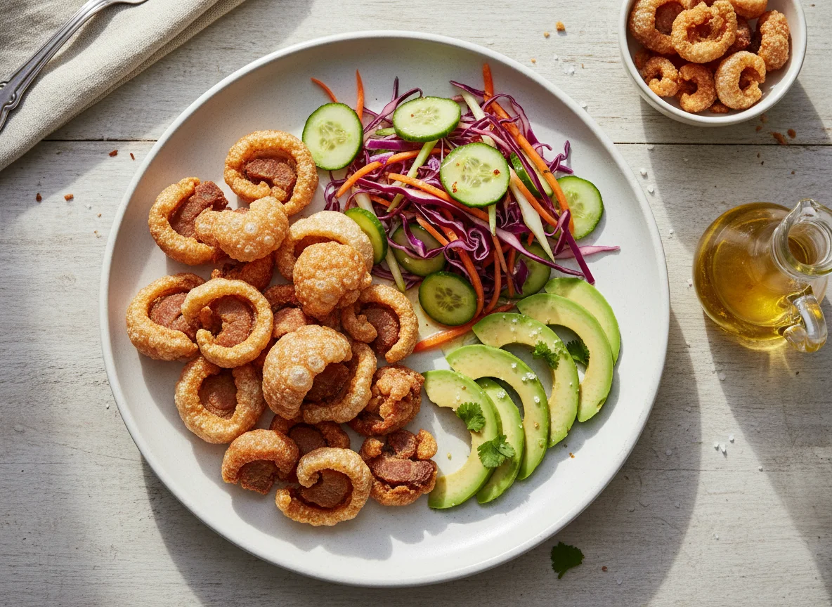 Plato con chicharrón, ensalada y aguacate photo
