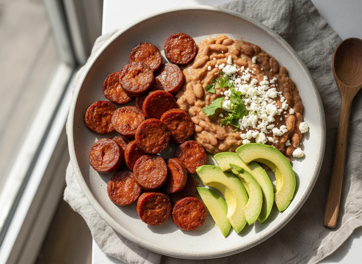 Plato con chorizo, frijoles refritos, aguacate y queso fresco photo