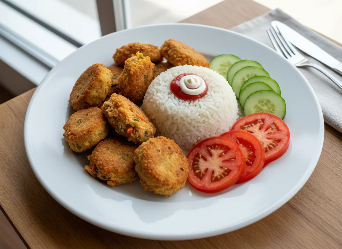 Plato con croquetas, arroz y ensalada photo