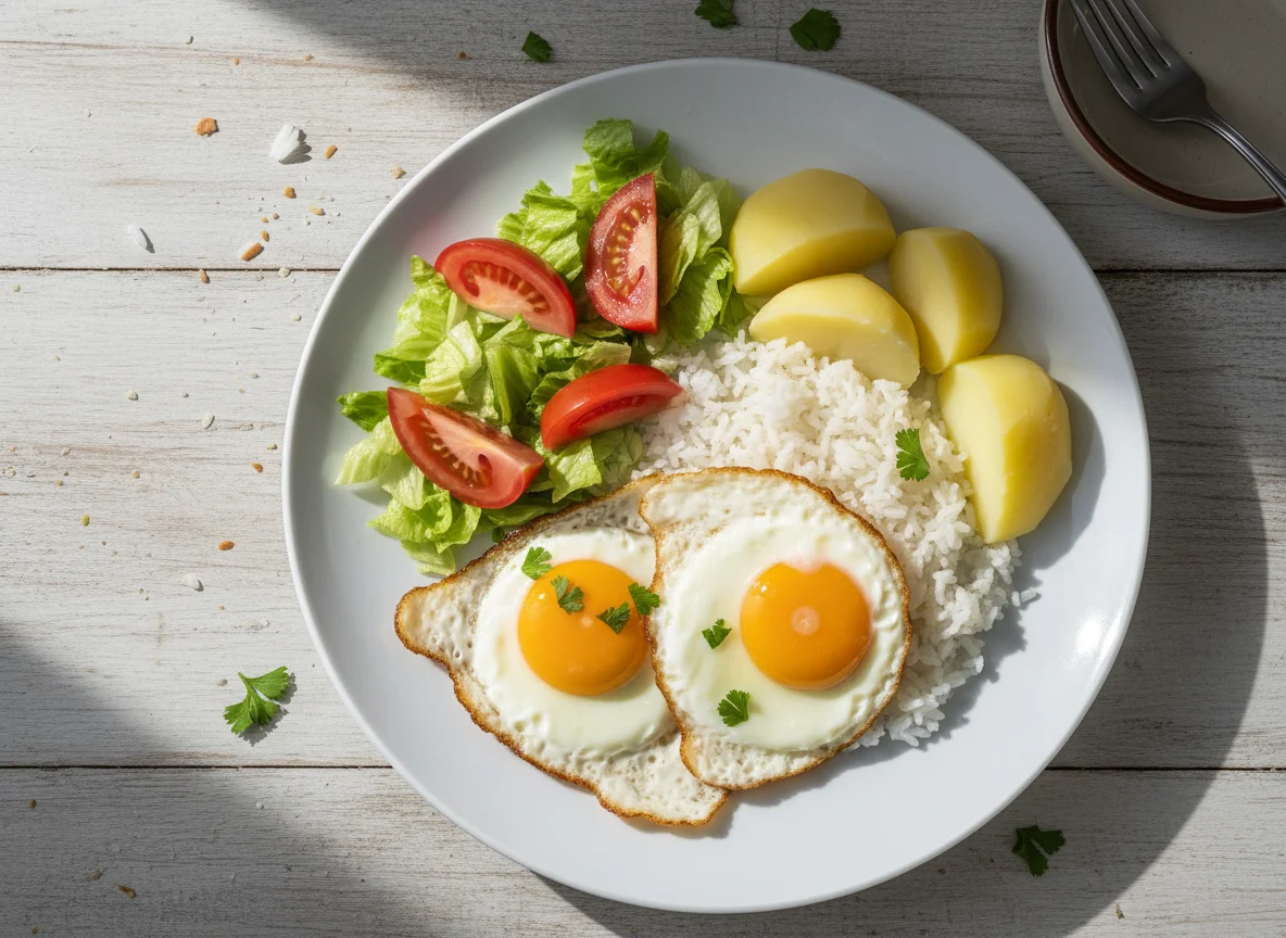Plato con huevo, papas y ensalada photo