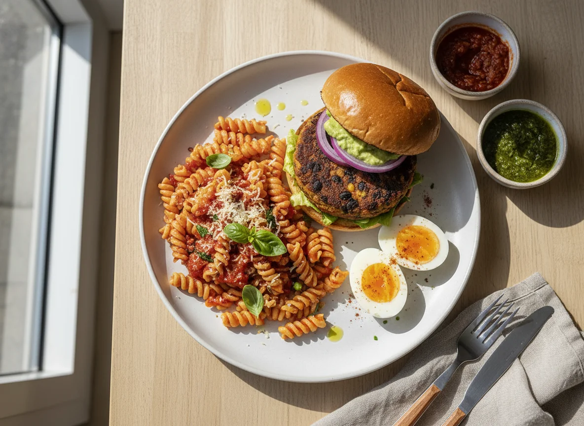 Plato con pasta, hamburguesa vegetariana y huevos duros photo