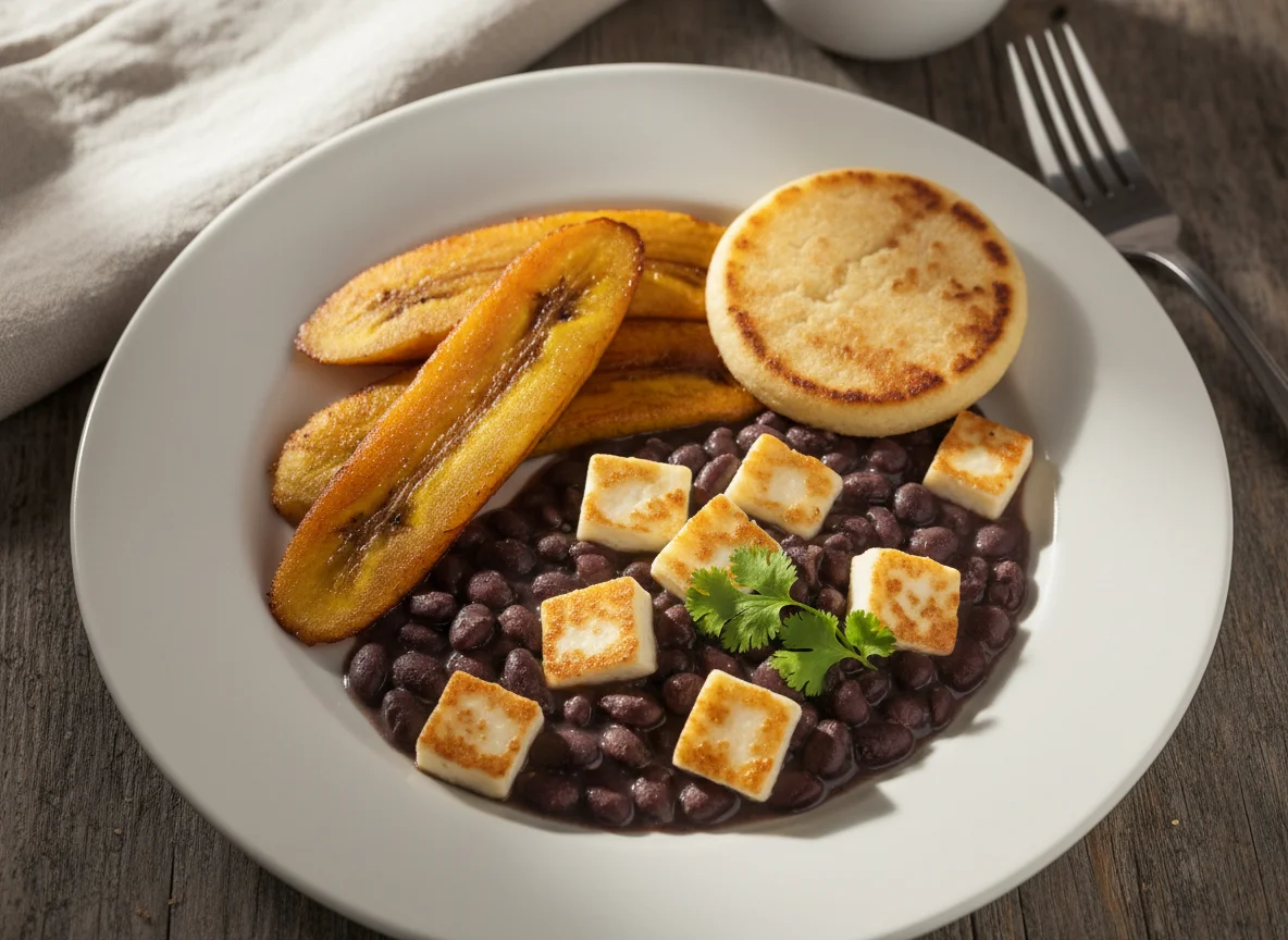 Plato con plátano frito, frijoles y queso photo