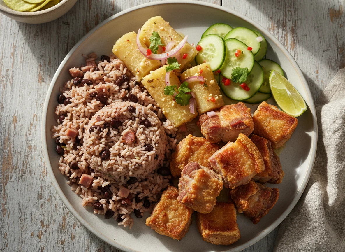 Plato Cubano con Arroz Congrí, Cerdo Frito, Yuca con Mojo y Ensalada de Pepino photo