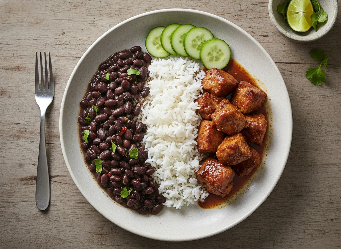 Plato cubano con frijoles negros, arroz, carne de cerdo y pepino photo