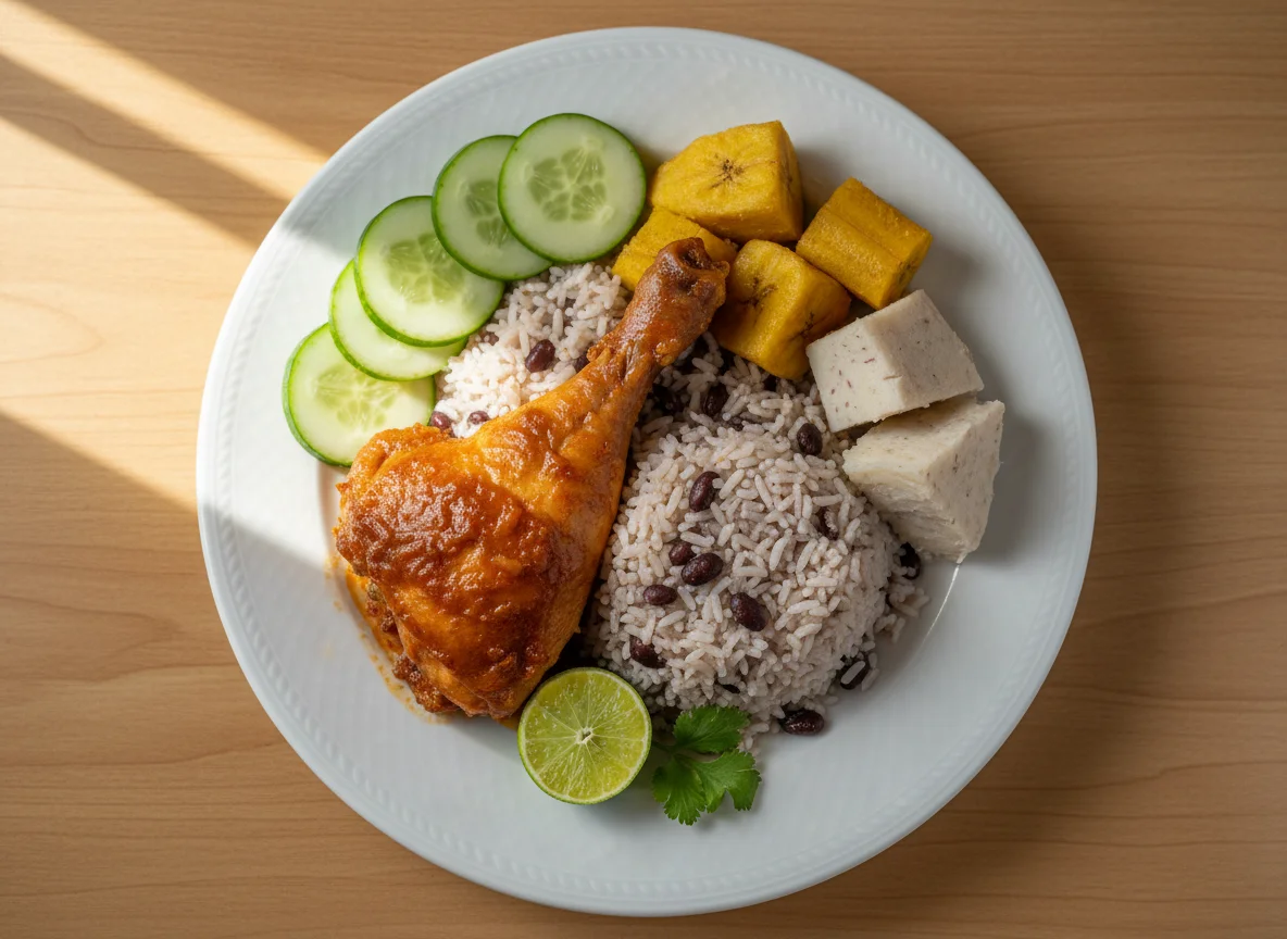 Plato cubano con pollo, arroz congrí, pepino y viandas photo