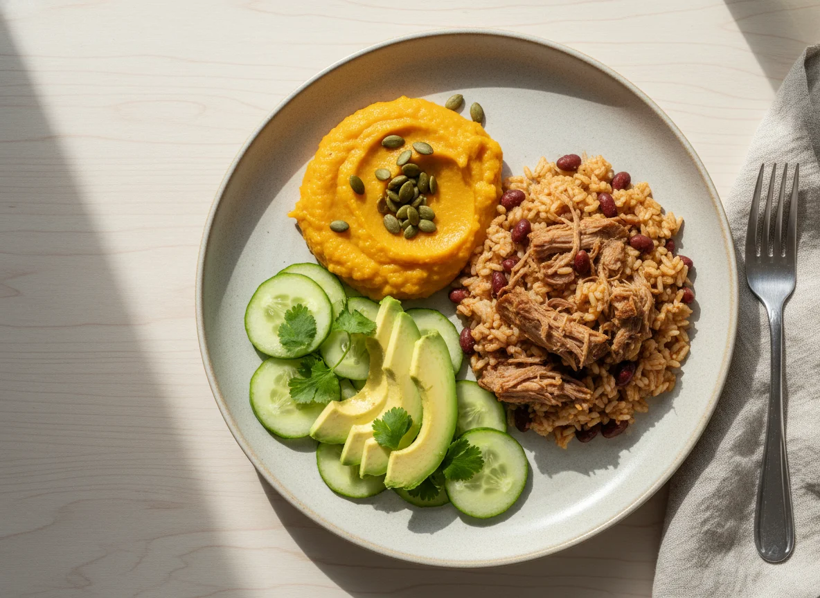 Plato cubano con puré, arroz y ensalada photo