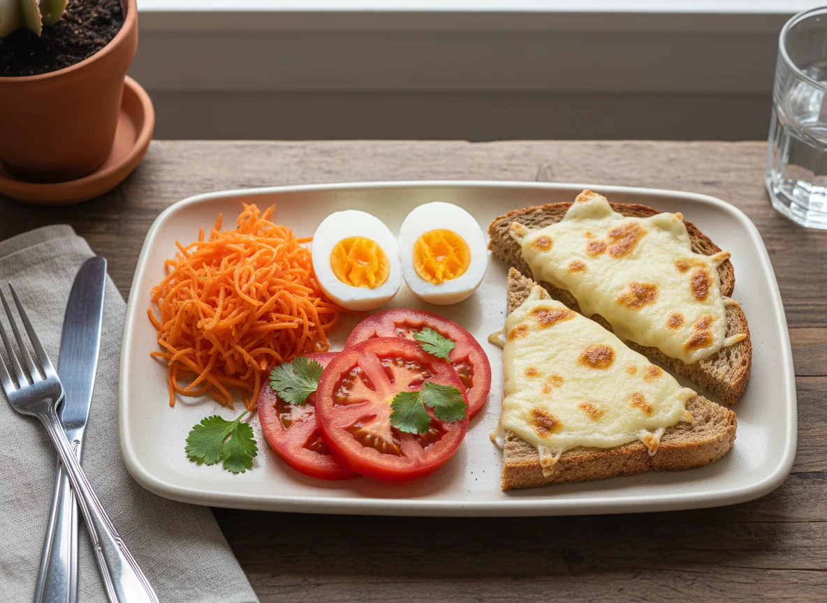 Plato de almuerzo con zanahoria, huevo, tomate y tostada con queso photo