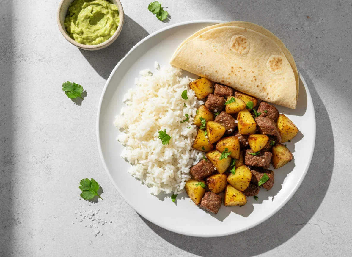 Plato de arroz, carne con papas y tortilla photo