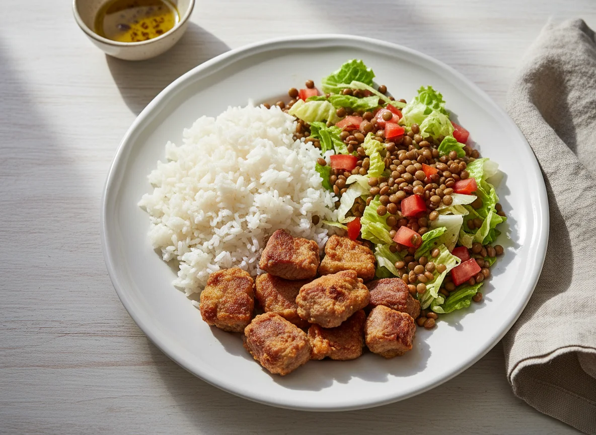 Plato de arroz, carne frita y ensalada de lentejas photo