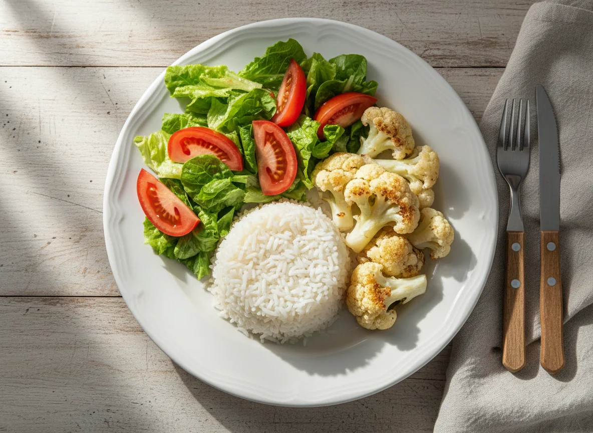 Plato de arroz, coliflor y ensalada photo