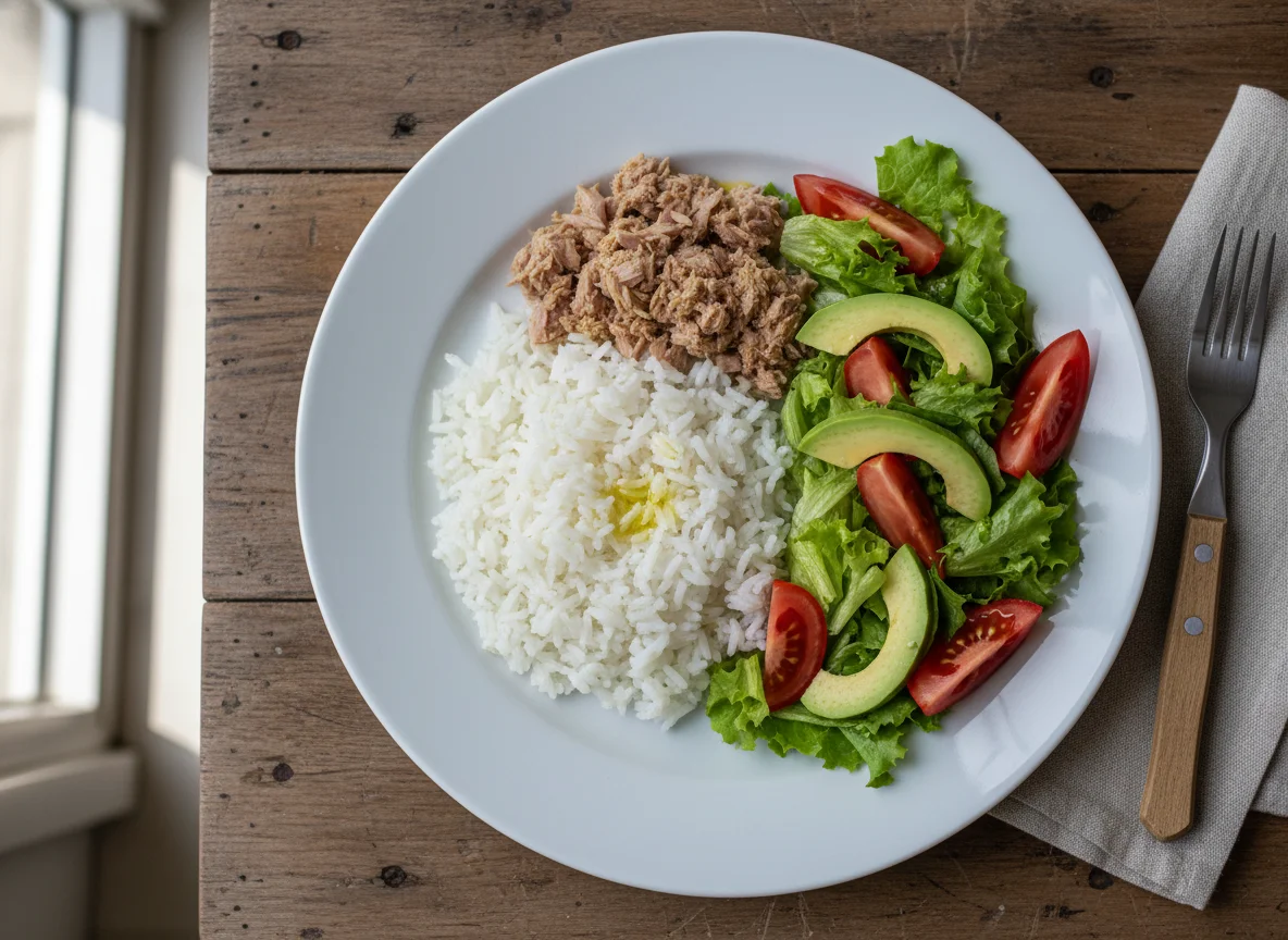 Plato de arroz con atún y ensalada photo