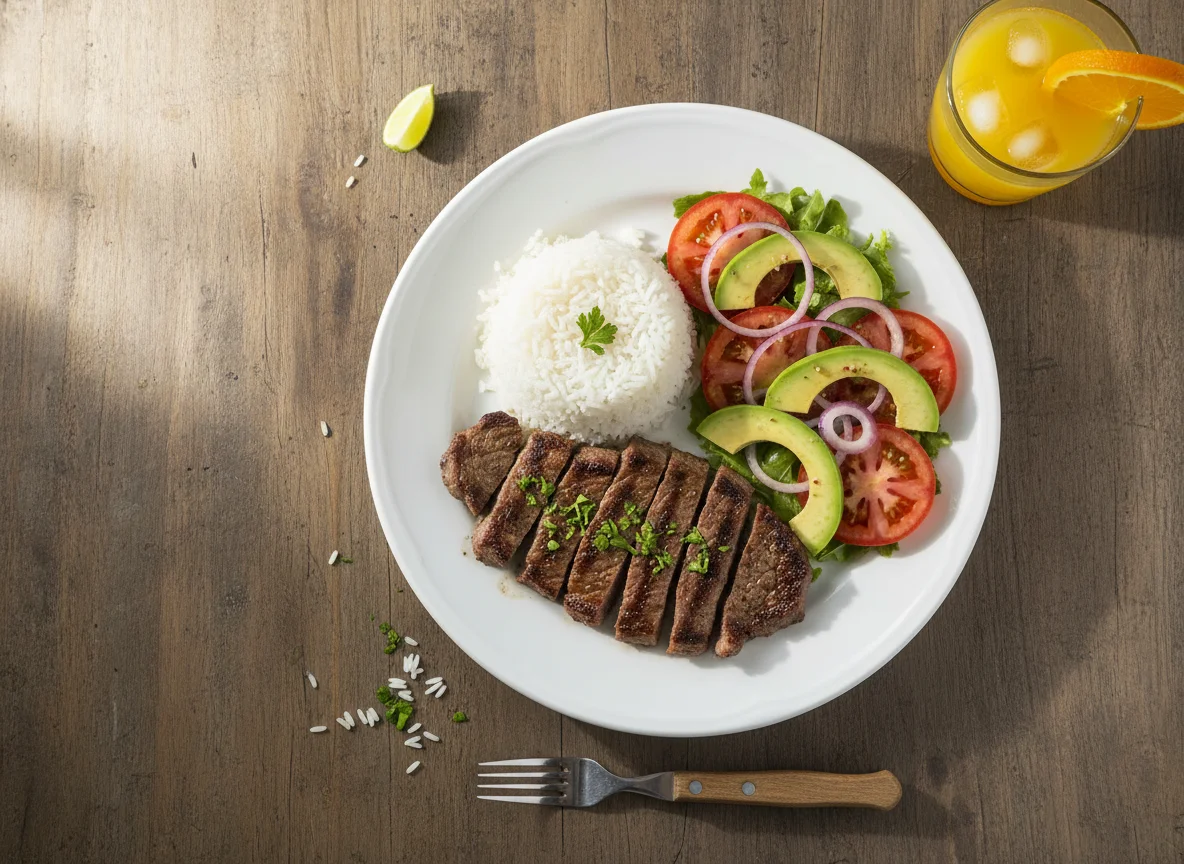 Plato de arroz con carne, ensalada de aguacate y tomate, y jugo de naranja photo