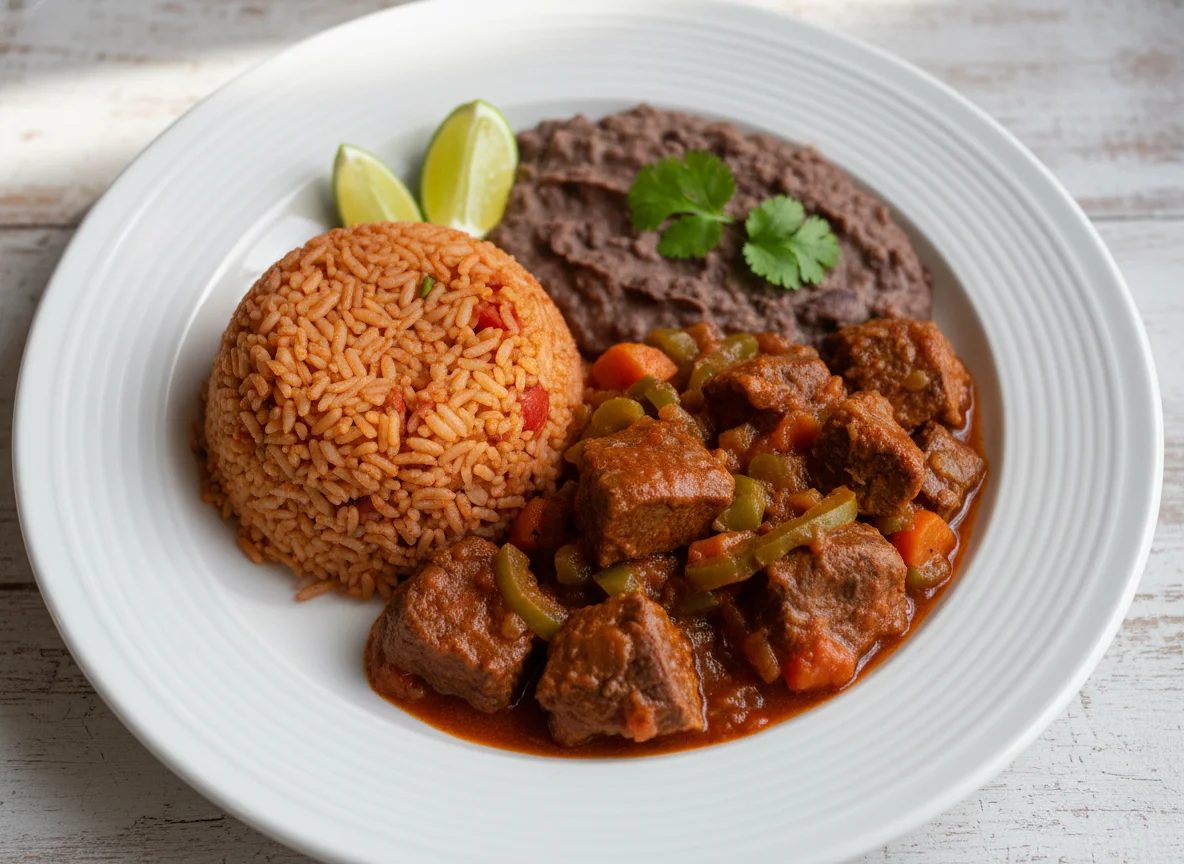 Plato de arroz con carne y frijoles photo